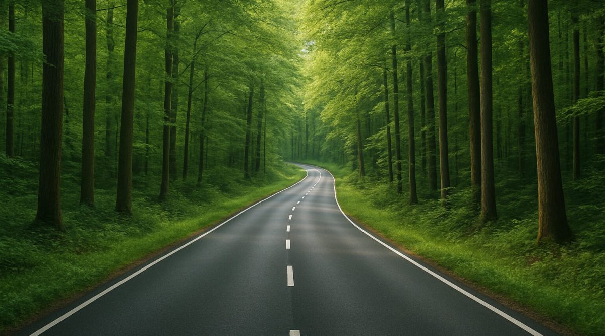 A winding road surrounded by lush green trees and foliage