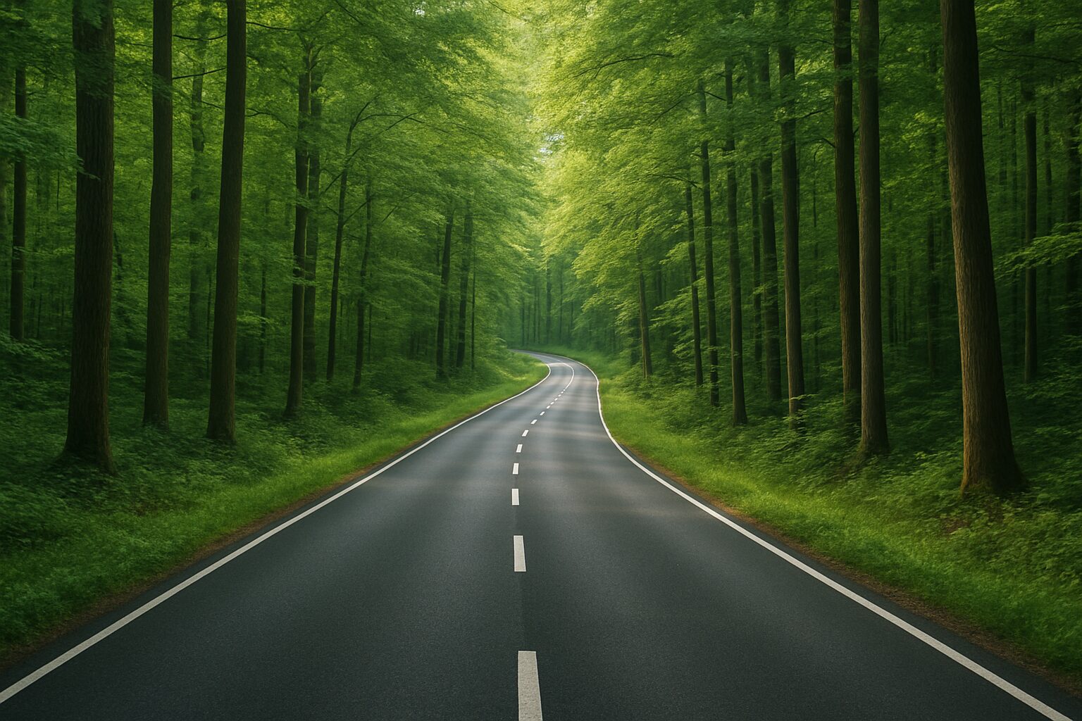 A winding road surrounded by lush green trees and foliage