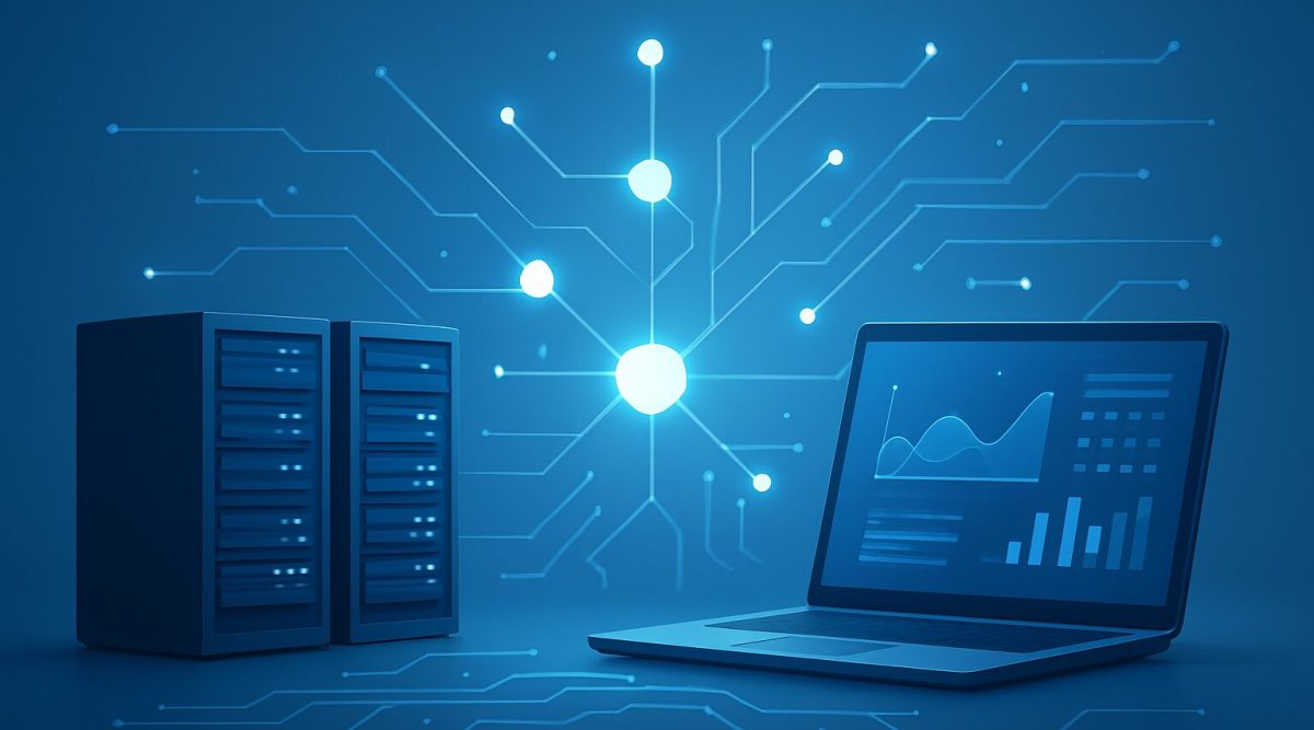 A futuristic laptop and server setup with digital connections represented by light lines.