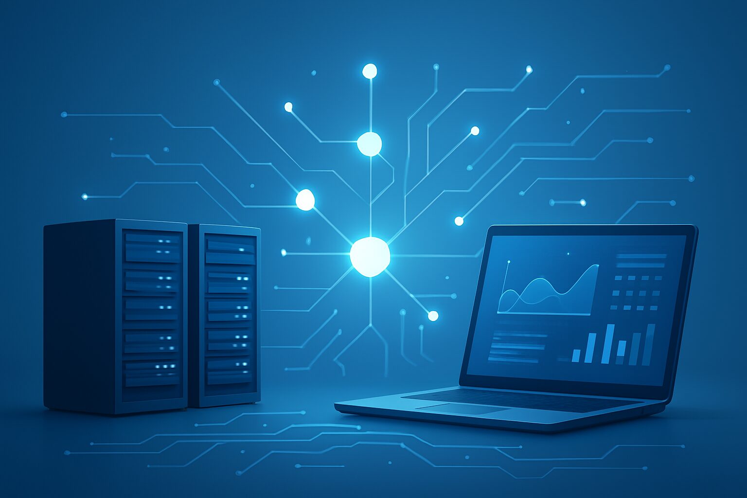 A futuristic laptop and server setup with digital connections represented by light lines.