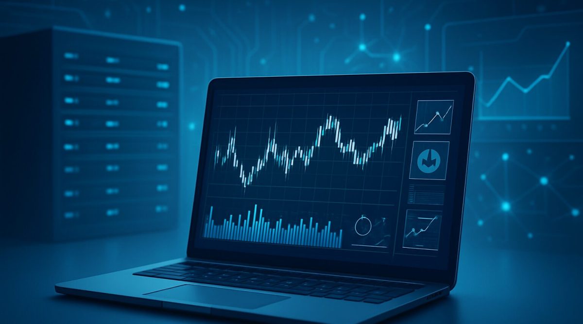 A laptop displaying various financial graphs and trading data against a dark technological background.