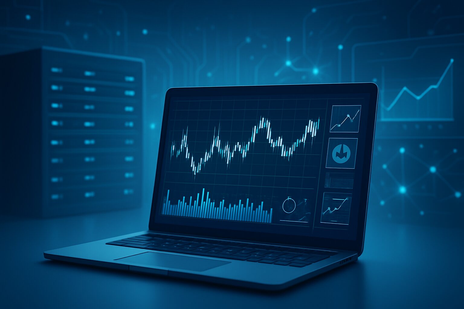 A laptop displaying various financial graphs and trading data against a dark technological background.