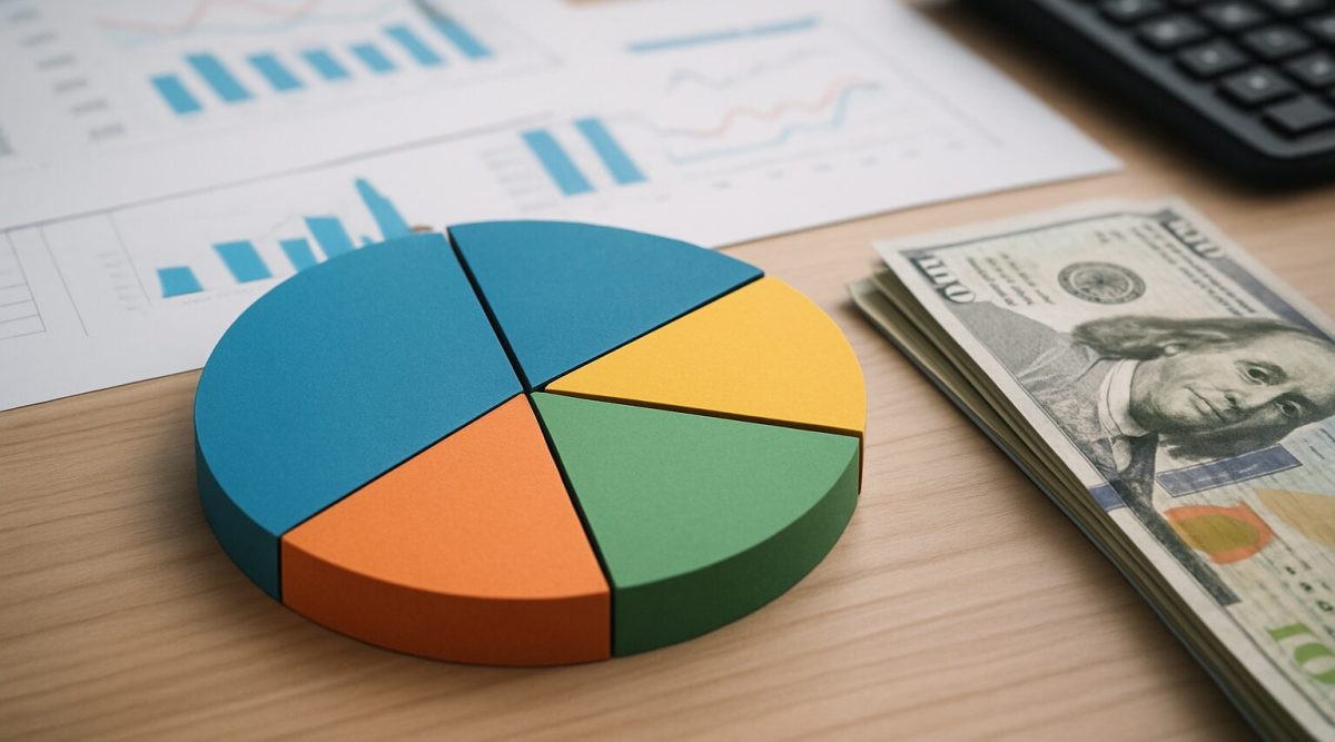 A pie chart made of colored segments alongside a stack of cash and a calculator on a wooden desk, illustrating financial