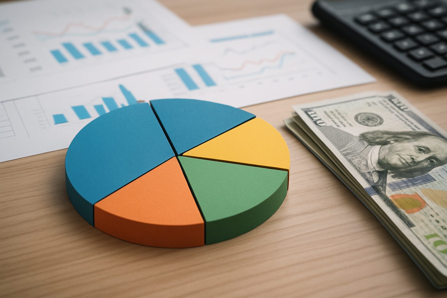 A pie chart made of colored segments alongside a stack of cash and a calculator on a wooden desk, illustrating financial