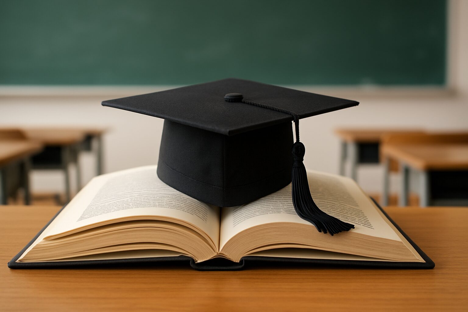 A graduation cap on an open book with classroom furniture in the background