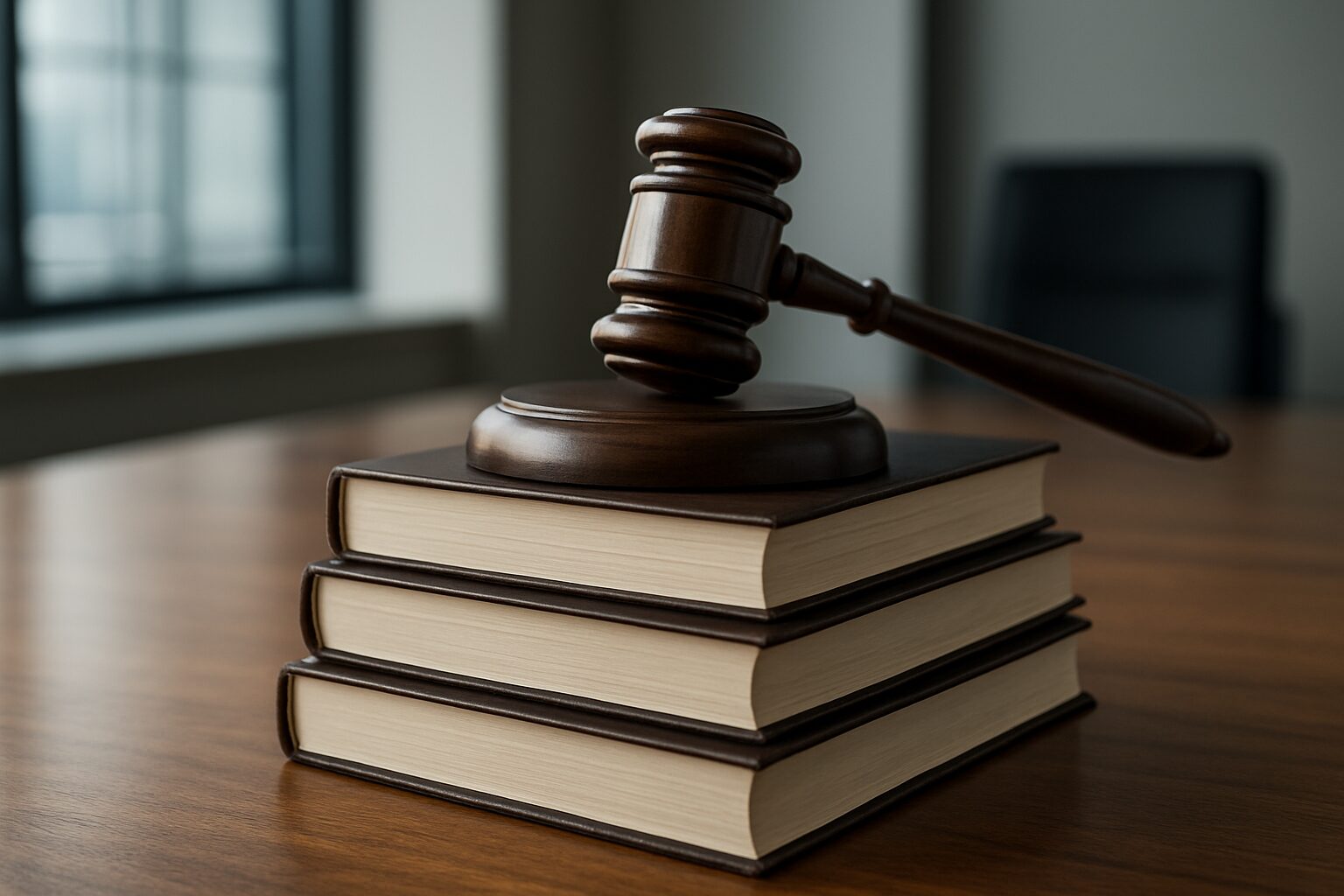 A wooden gavel resting on top of three stacked law books on a table in an office setting.