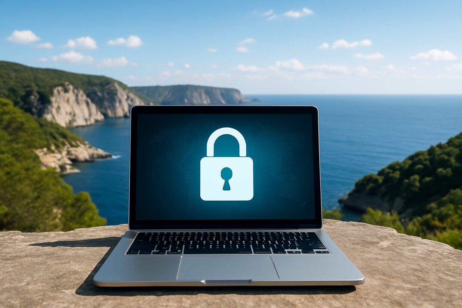 A laptop displaying a padlock symbol on its screen, set against a scenic coastal background.